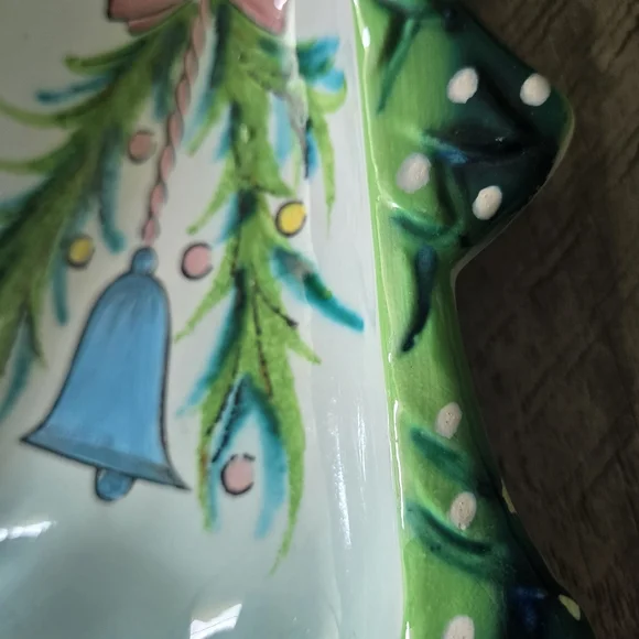 Vintage Japan Ceramic Christmas Tree Dish Blue Bell Pink Bow Hand Painted 10" - Picture 6 of 10